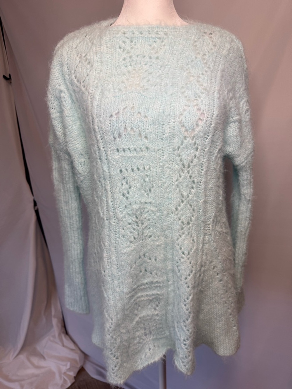 Anthropologie Mint Openwork Fuzzy Crewneck Sweater